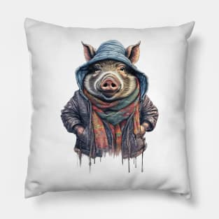 wild boar wearing a jackets hat and a scarf Pillow