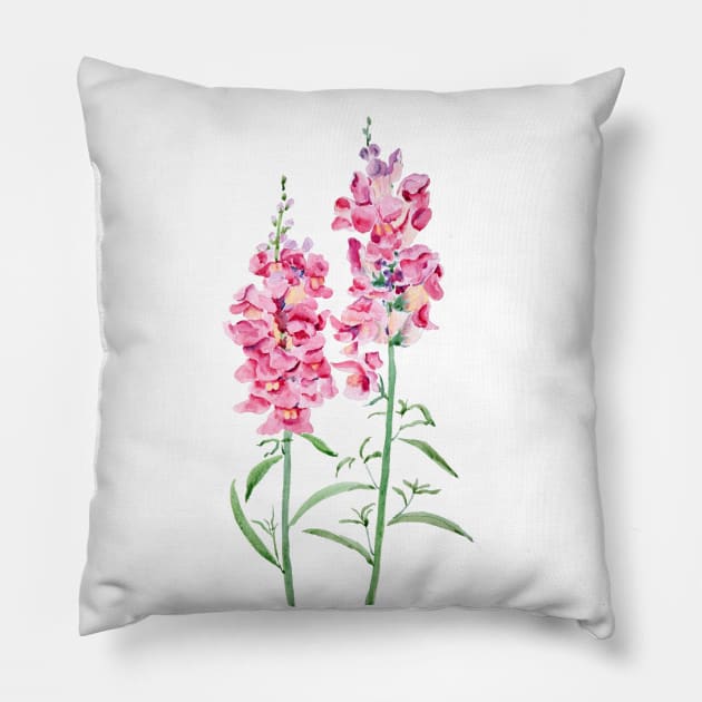 2 pink snapdragon flowers  watercolor painting Pillow by colorandcolor