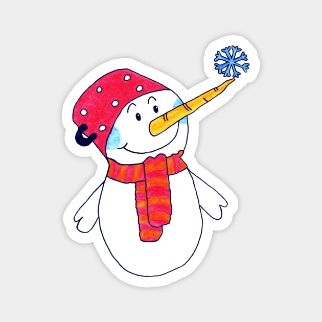 Cute Snowman with a Snowflake Kids Drawing Magnet by OneLook