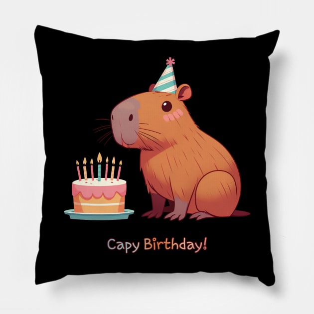 Cappy Capy Birthday Capybara Pillow by ThesePrints