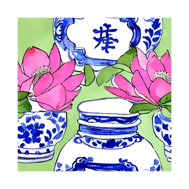 Lotus and chinoiserie jars on lime green by SophieClimaArt