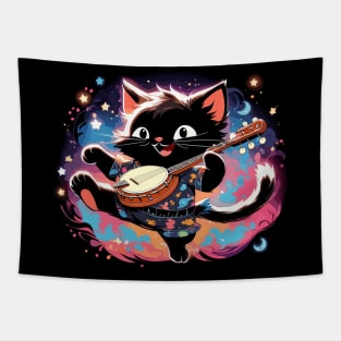 Dancing black cat playing banjo Tapestry