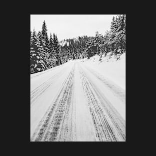 White Winter in Scandinavia - Mountain Road Through Fir Tree Forest T-Shirt