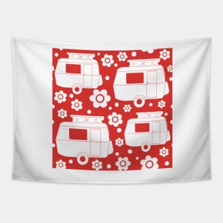 Daisy Polka Dot Vintage Caravan Pattern in Red and White Tapestry