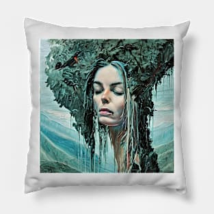 Optical illusion of portrait of pretty young woman and some nature Pillow