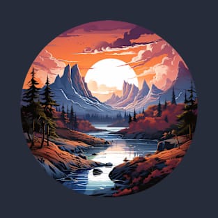 Mountain River Sunset Forest T-Shirt