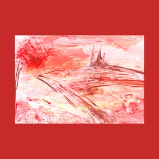 Red landscape with a castle. Encaustic, art decoration, sketch. T-Shirt