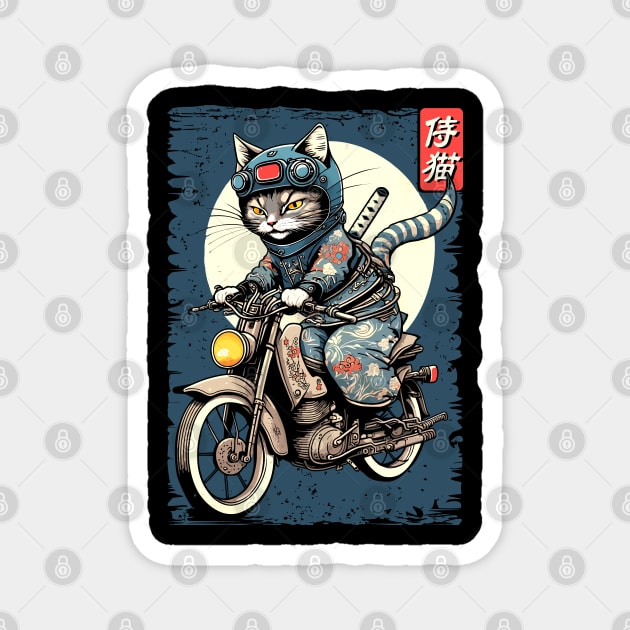 Japanese Samurai Cat on Motorcycle Kawaii Ninja Cat Magnet by Apocatnipse Meow