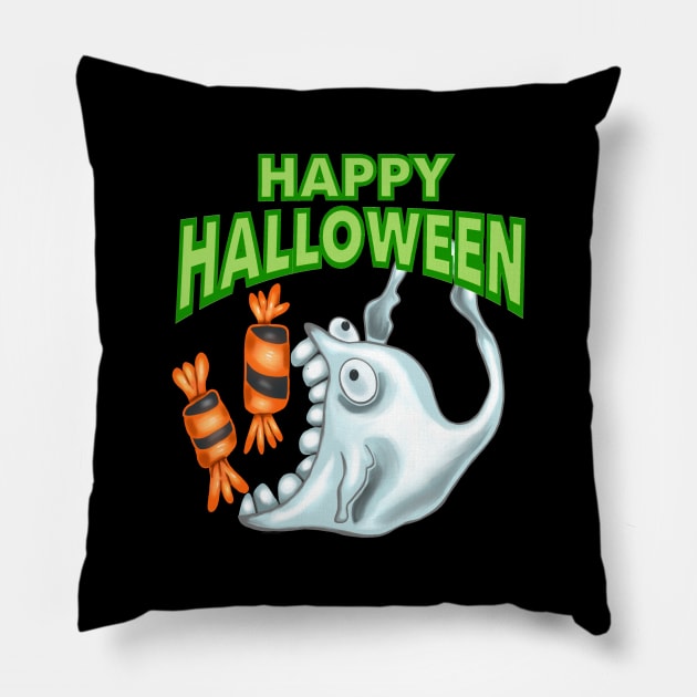 Happy Halloween Candy Ghost Pillow by wildjellybeans