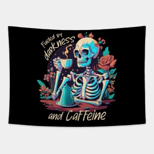 Fueled by darkness and caffeine - Skeleton with coffee Tapestry