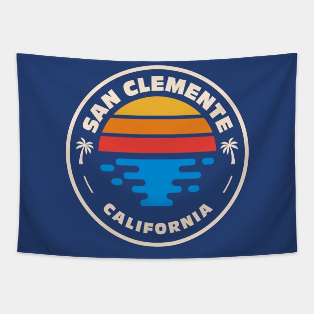 Retro San Clemente California Vintage Beach Surf Emblem Tapestry by Now Boarding