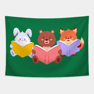 Rabbit Bear Fox Reading Tapestry