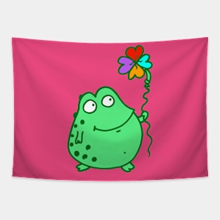 Frog holding rainbow clover balloon! HOT PINK! Tapestry