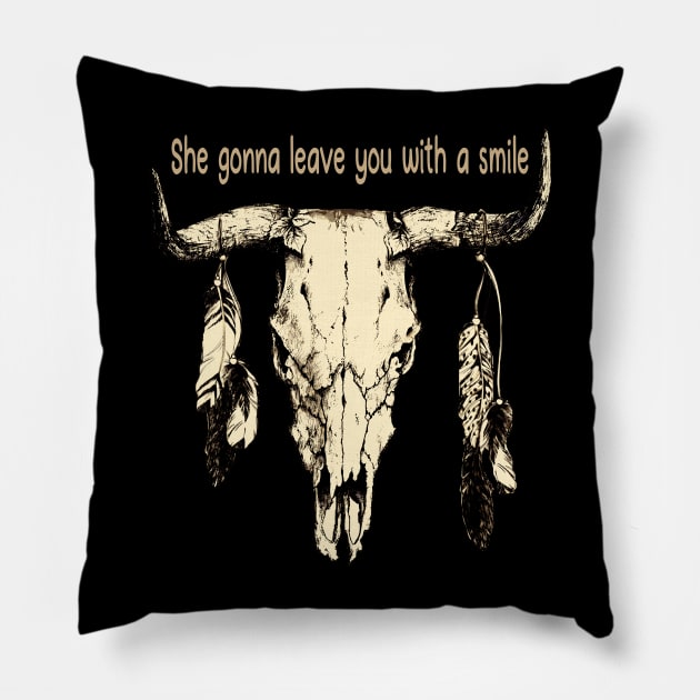 She Gonna Leave You With A Smile Feathers Bull Skull Pillow by Merle Huisman