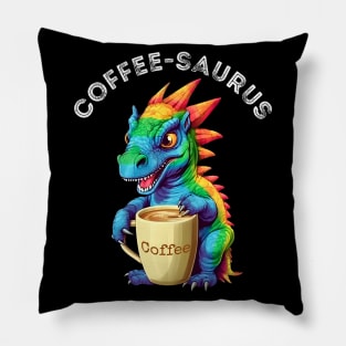 Cute Rainbow Dinosaur T-Rex - Coffee-saurus - Kawaii Anime Dino & Coffee Lover Pillow