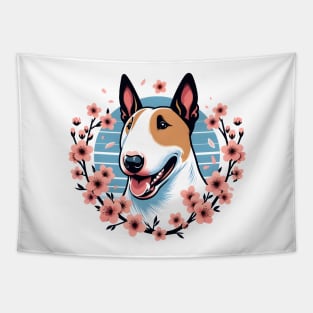 Bull Terrier Enjoys Spring with Cherry Blossoms Ablaze Tapestry