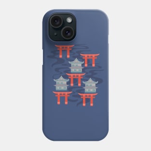 EDO Traditional Japanese Castles and Oriental Japan Torii Gates with Flowing River in Traditional Palette Blush Rust Blue Gray - UnBlink Studio by Jackie Tahara Phone Case