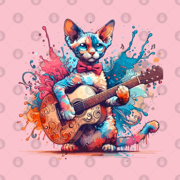 Devon Rex Cat Playing Guitar by Graceful Designs