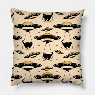 Aliens and Black Cat Pattern in beige Pillow