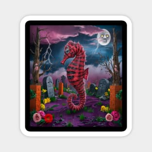 AI generated red striped seahorse in graveyard Magnet