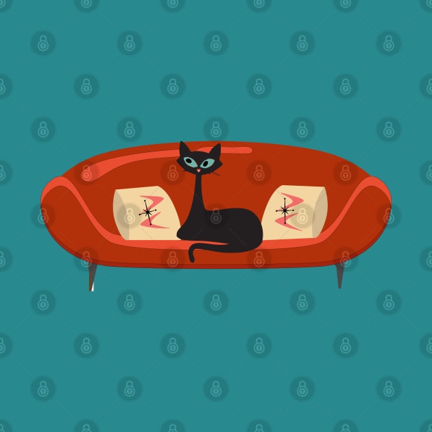 Mid Century Cat Relaxing on a Red MCM Sofa by Lisa Williams Design