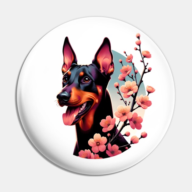 Joyful German Pinscher with Spring Cherry Blossoms Pin by ArtRUs