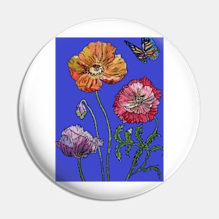 Pretty Red Poppy Blue Watercolour Pin