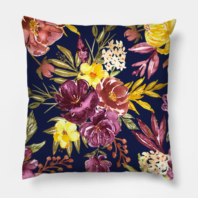 Burgundy Gold Foil Floral Pattern on Navy Blue Pillow by k8creates