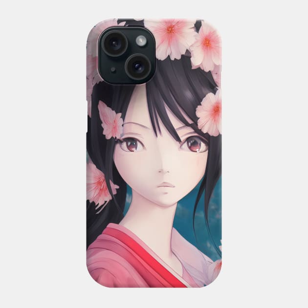 Anime geisha girl with pink flowers Phone Case by Ravenglow