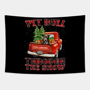 Christmas Pit Bull Through The Snow Dog Santa Truck Tree Tapestry