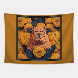 Dogs, sharpei dog and flowers, dog, style vector (Yellow version #3 sharpei) Tapestry