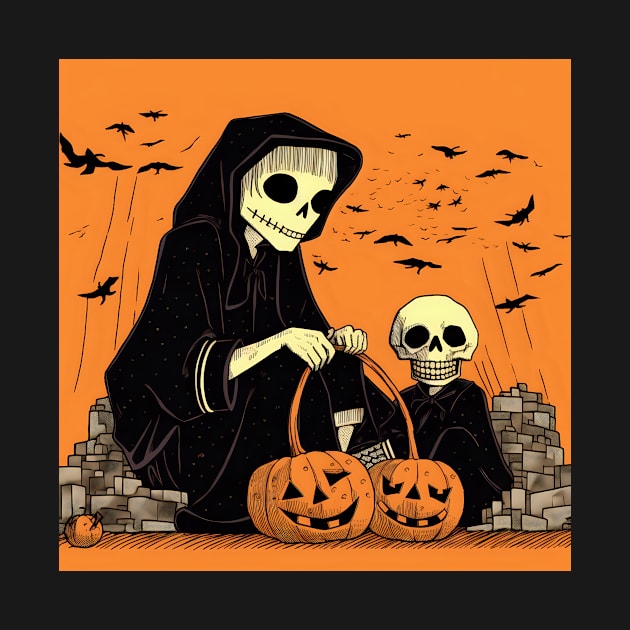 Halloween Two Skeletons with Basket of Pumpkin by KOTYA