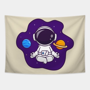 Cute Astronaut Meditation Yoga In Space With Planet  Cartoon Tapestry