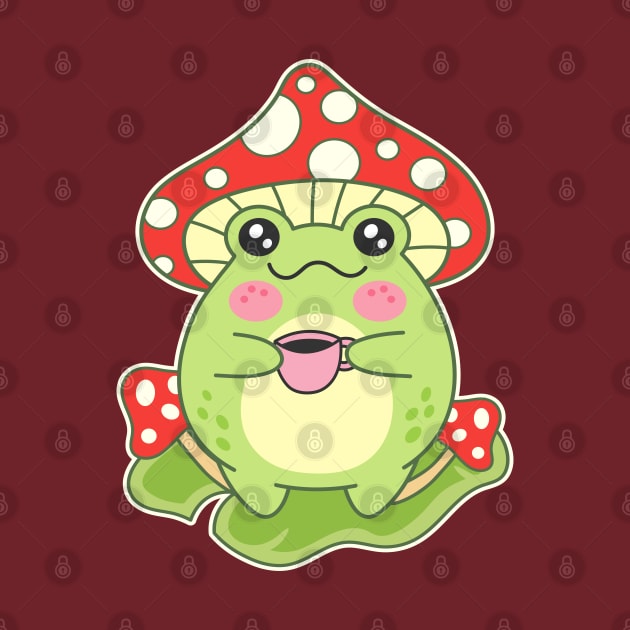 Mashroom-Headed Frog With Coffee Cup Kawaii Toad by Cuteness Klub