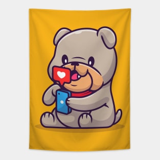 Cute Bulldog Playing Phone Cartoon Tapestry