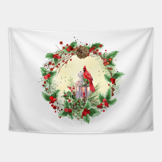 Christmas Cardinal Wreath Tapestry by StuffWeMade