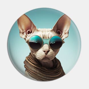 Concentrated sphinx cat with glasses looks at the camera on a blue background Pin