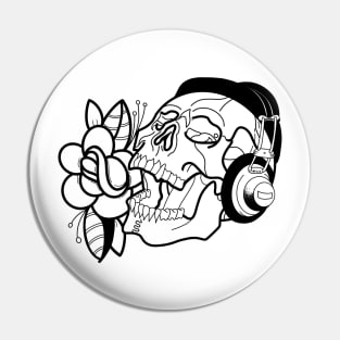 Music Skull head w/ headphones and Rose Pin