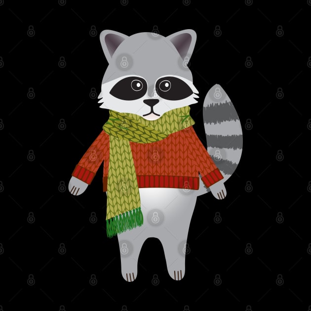 Woodland raccoon in a winter sweater and scarf by Jennifer Ladd