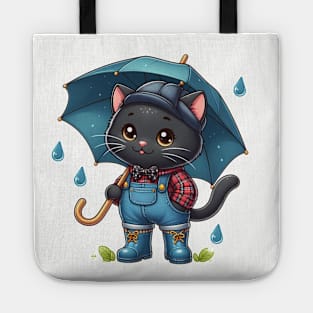 Cute cat in rain boots with umbrella Tote