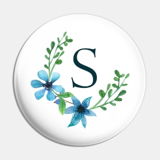 Floral Monogram S Pretty Blue Flowers Pin