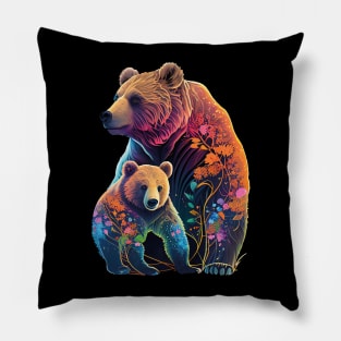 Nature's Love: Mother and Baby Bear with Floral Watercolor Design Pillow