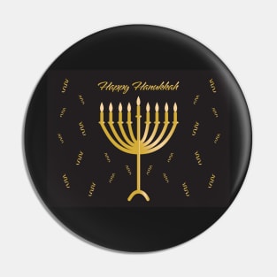 Happy Hanukkah greeting with Golden Menorah illustration and Confetti Pin