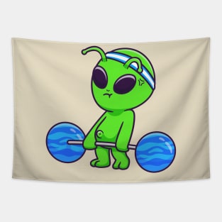 Cute Alien Lifting Planet Barbell Cartoon Tapestry