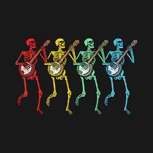 Retro Dancing Skeleton Banjo Psychedelic Color T-Shirt