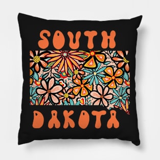 South Dakota State Design | Artist Designed Illustration Featuring South Dakota State Filled With Retro Flowers with Retro Hand-Lettering Pillow