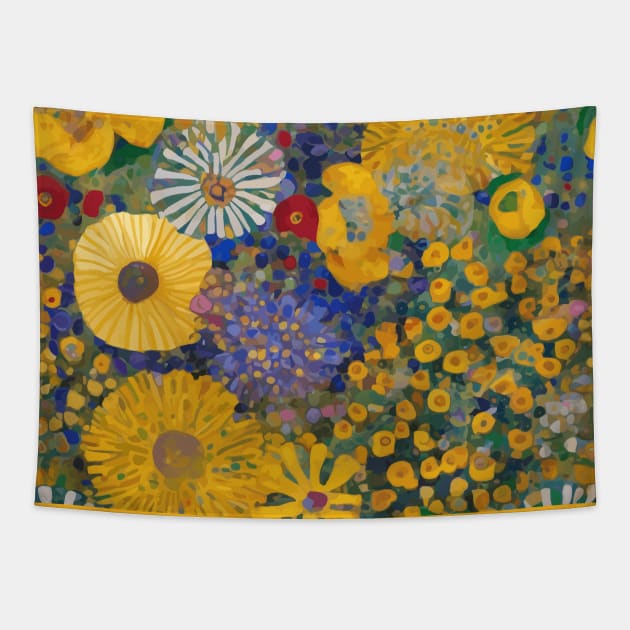 Colorful Garden with Blue Red Yellow White Flowers Tapestry by bragova