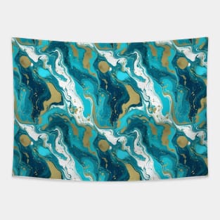 Turquoise and Gold Liquid Marble Texture Tapestry