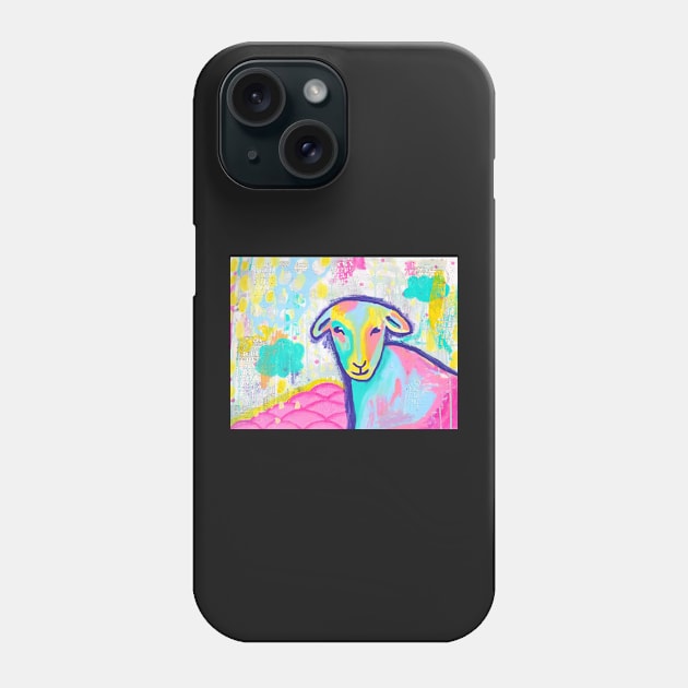 Bright abstract sheep painting mixed media Phone Case by allysci