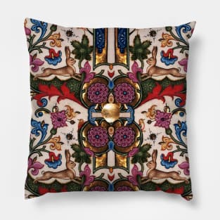 RABBITS RUNNING AMONG PINK PURPLE GOLD FLOWERS Medieval  Floral Pattern Pillow